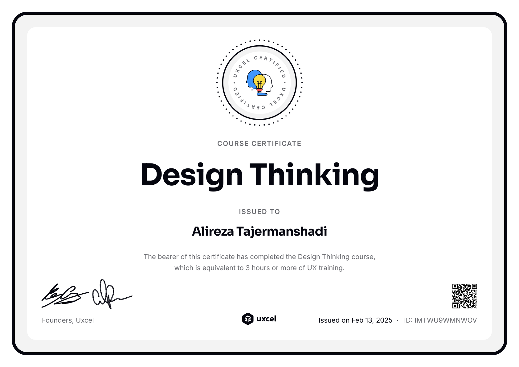 Alireza Tajermanshadi's certificate